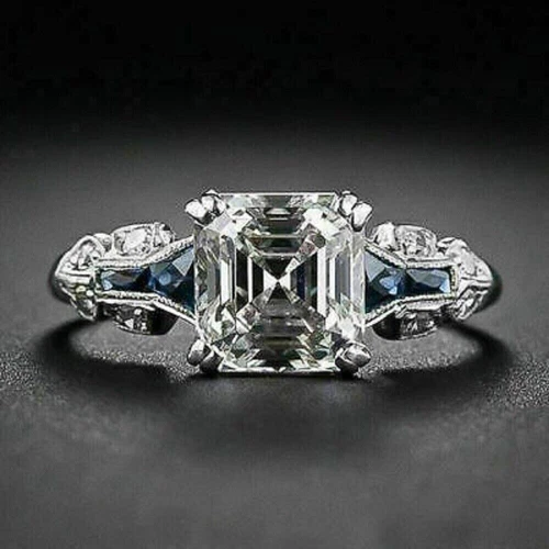 Art Deco 2.10Ct White Asscher Cut Lab Created Diamond Engagement Ring 925 Silver