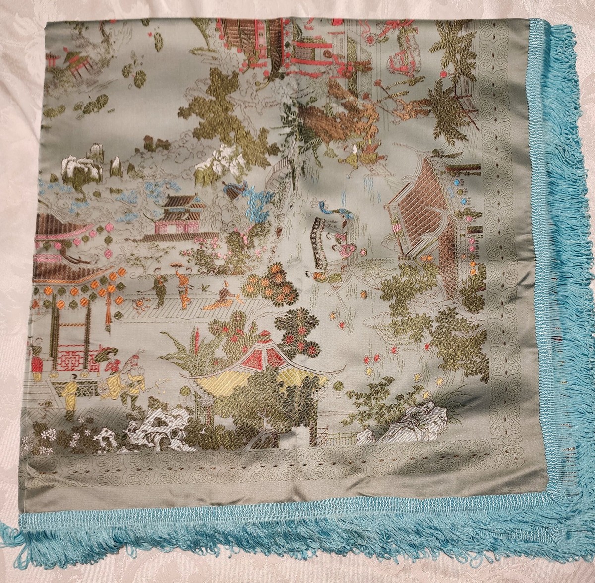 Vintage Brocaded Flowers Chinese Silk Tapestry Tablecloth 38