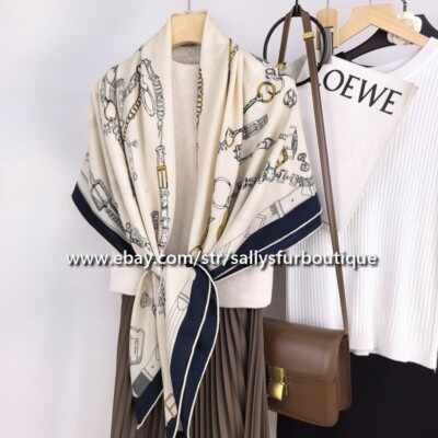 Sallys 75% Cashmere 25% silk Wrap Scarf Chains Print Double Face Shawl 53'' Cream