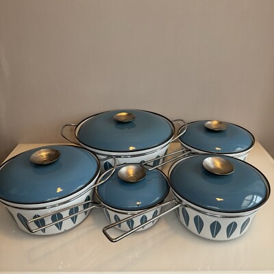 Cathrineholm Lotus Emaille Pfanne 5er Set mit Deckel blau weiß Norwegen Vintage Kasserolle
