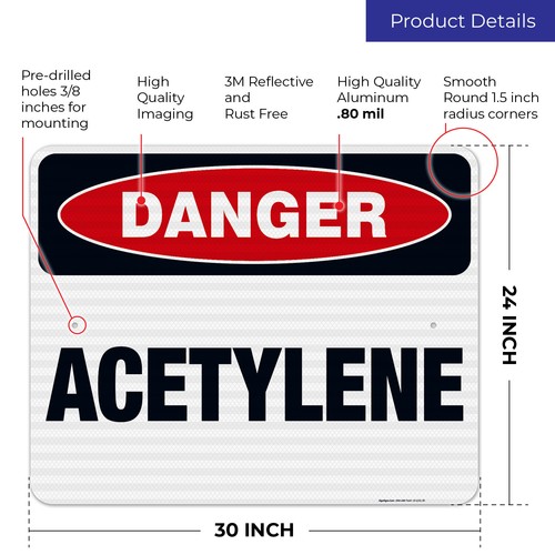 Danger Acetylene Sign, OSHA Danger Sign, - Picture 75 of 86