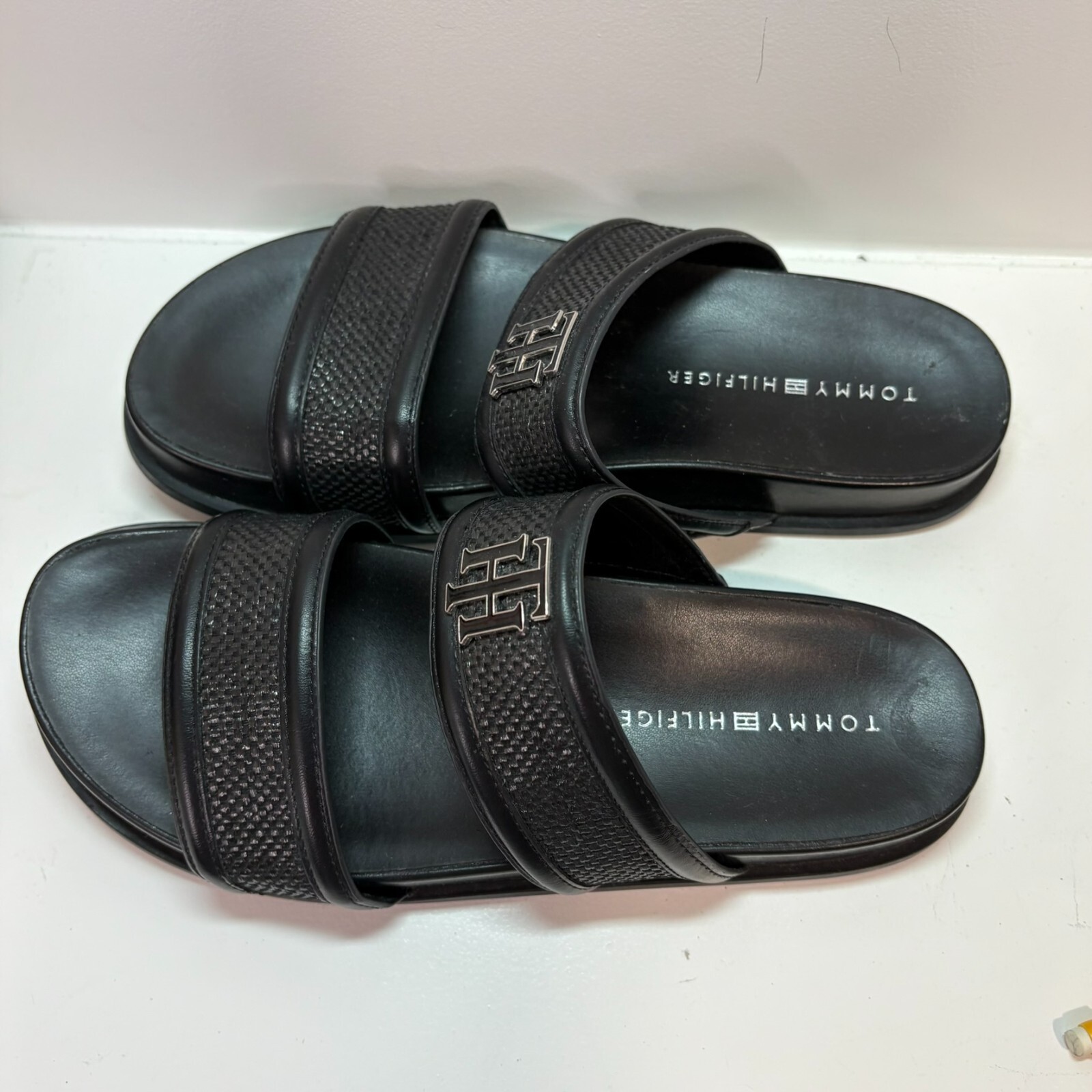 Tommy Hilfiger Womens Black Slide Sandals Size 7 Metal Logo Brand New