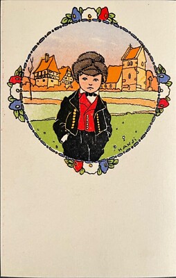 Unposted Signed Hansi PC ''La Cigogne'' Alsatian boy in fur hat illustration