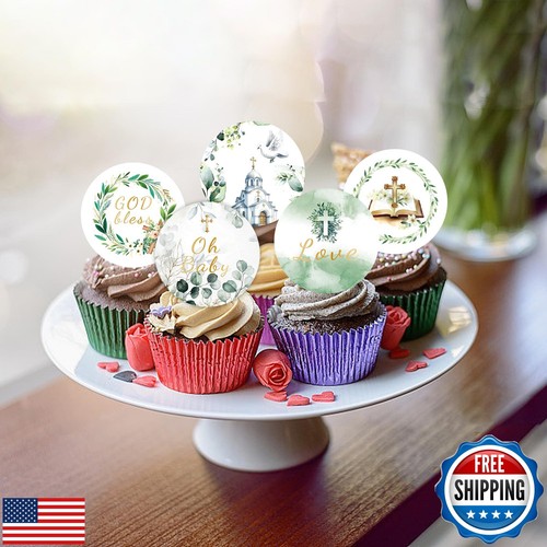 48 PCS Edible Greenery Baptism Cupcake Toppers Wafer Paper Dove Cross God Ble - Picture 5 of 5