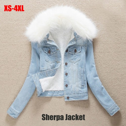 Womens Fleece Lining Sherpa Denim Jacket Faux Fur Collar Top Coat Jeans - Picture 2 of 14