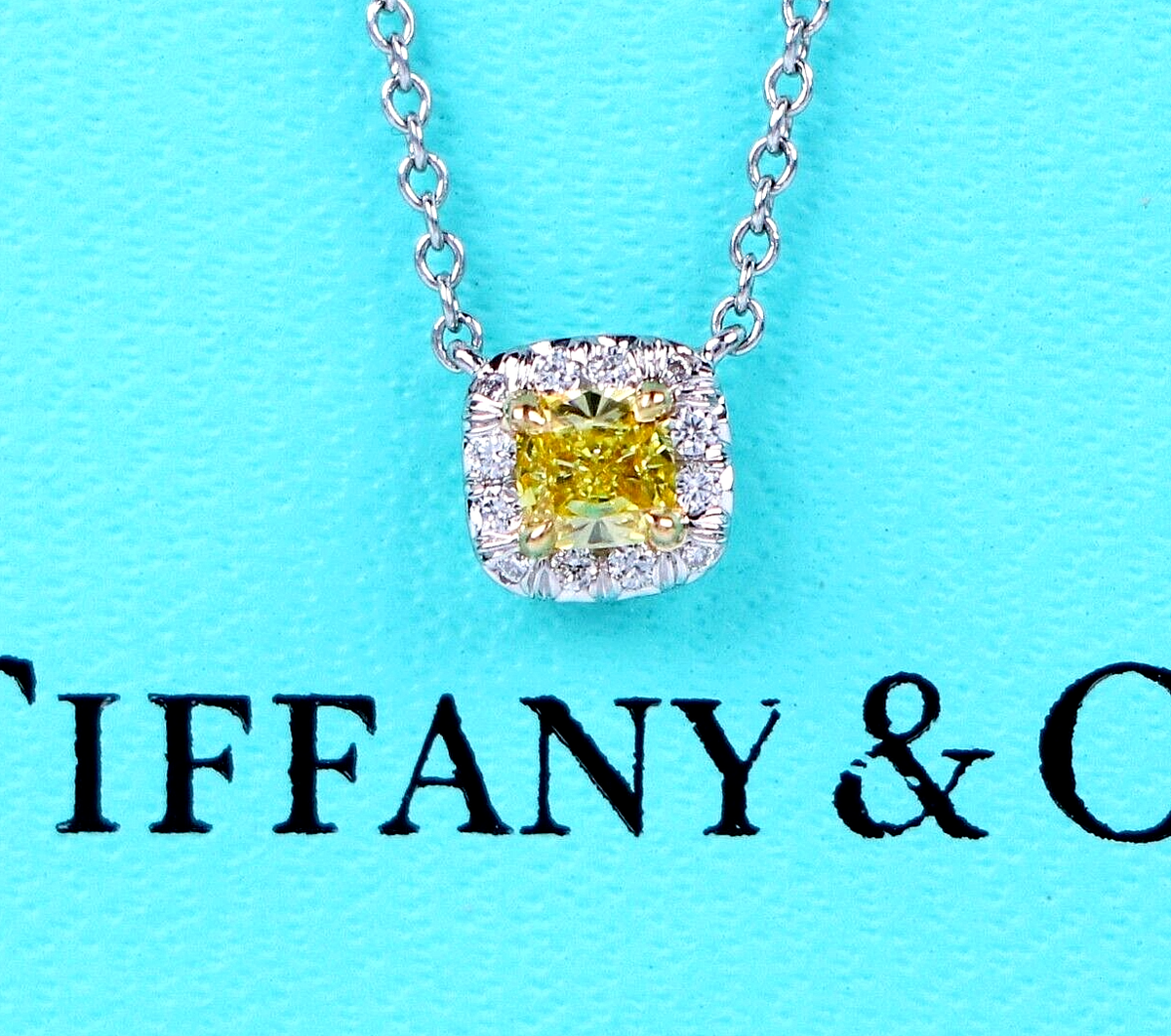 Tiffany Co Soleste Platinum 18K Fancy Vivid Yellow Cushion Diamond