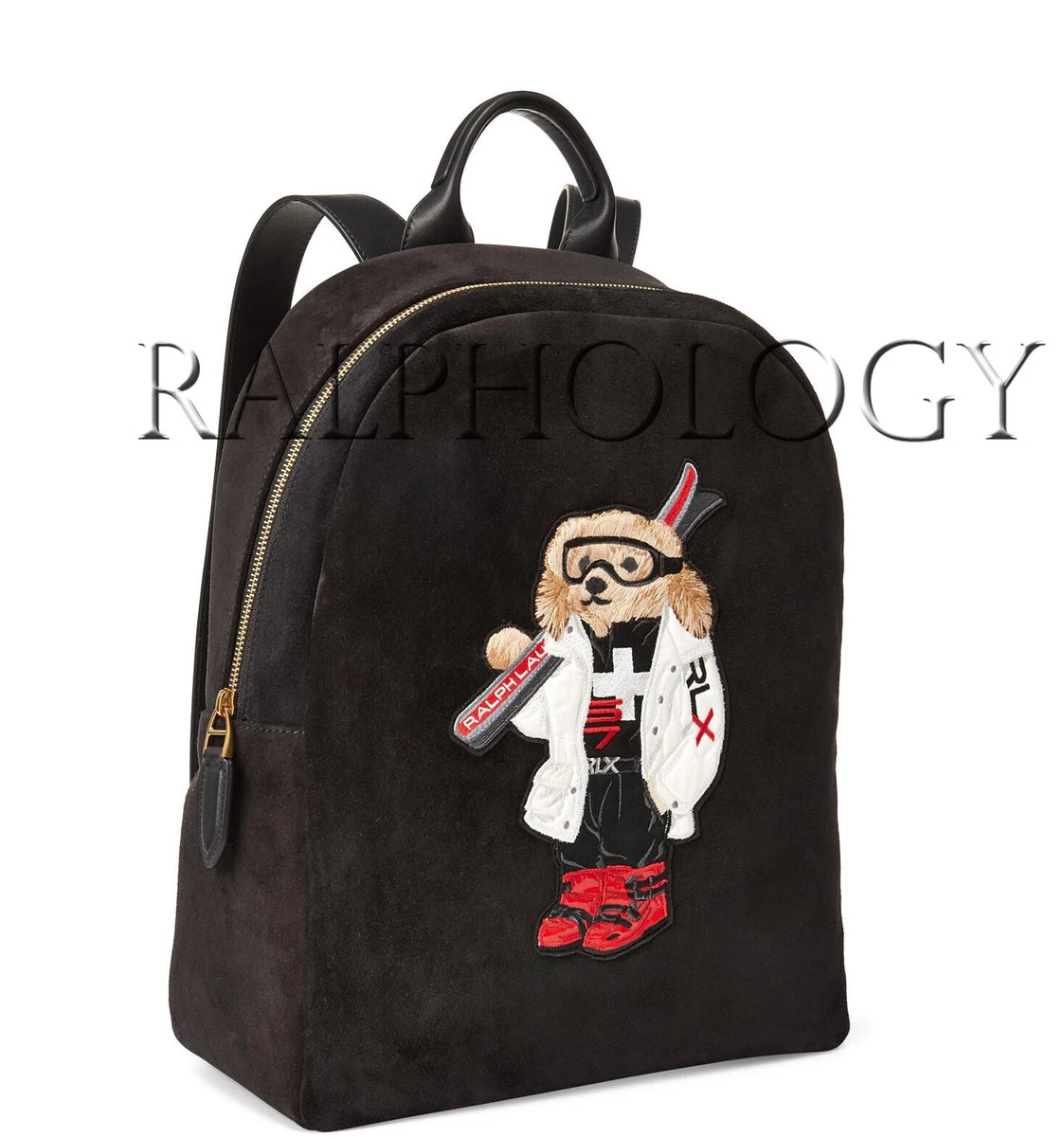 Ralph Lauren Purple Label Mens Black Suede Leather Ski Polo Bear Backpack  Bag