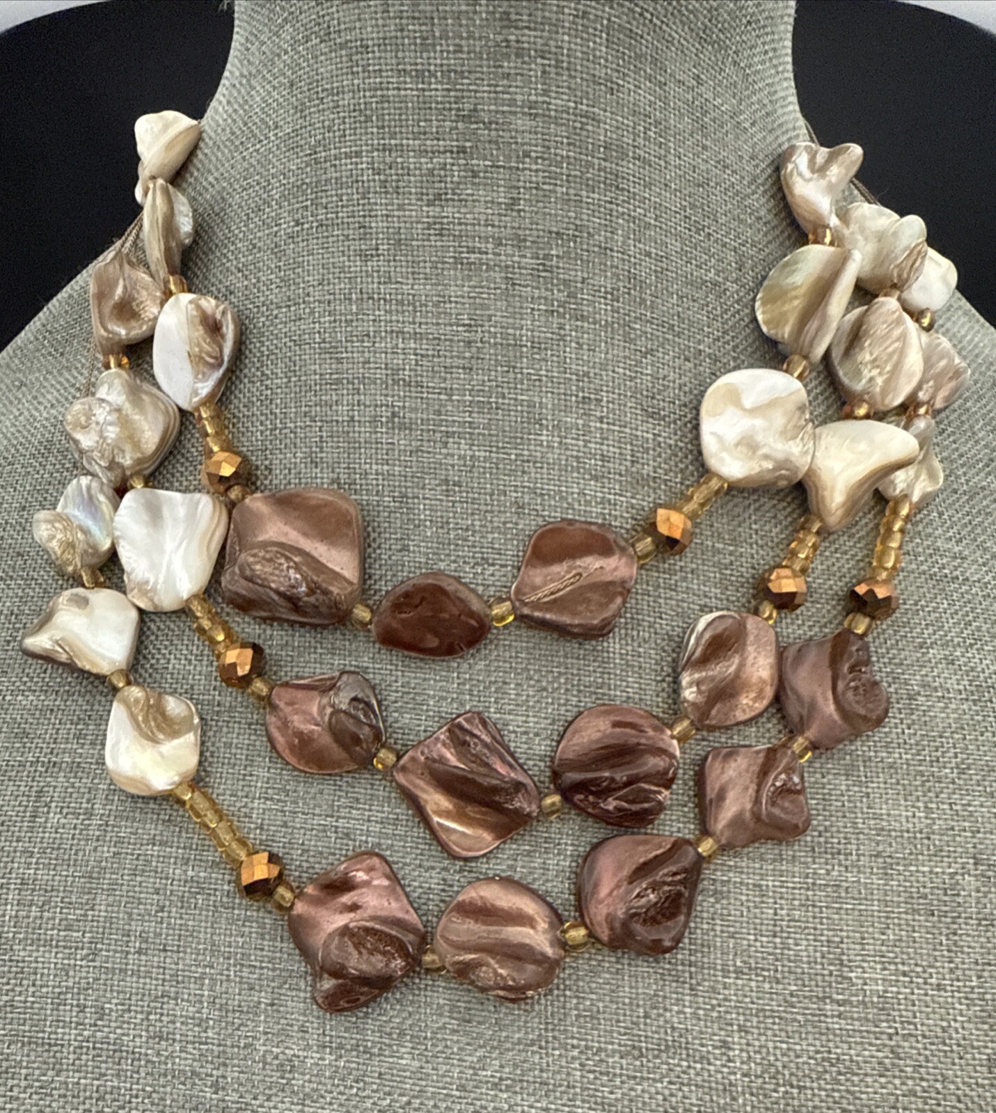 Necklace 3 Strands White Brown Gold Beads 16 Inches 2 Inch Extension See Photos