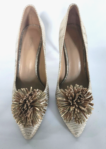 Michael Kors Ivory and Gold Pointed Toe Leather Women's Shoes Pump Heel Size 7.5 - Picture 6 of 17