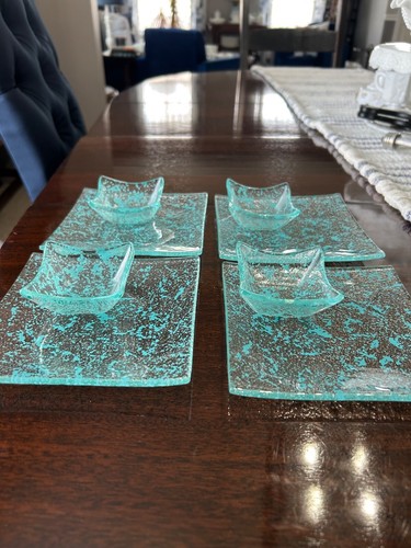 Suno Turquoise Speckled Glass Appetizer Plate w/Dip Condiment Bowl – Set of 4 - Picture 6 of 14