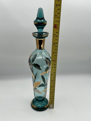 Vintage Czech Aqua Blue Glass & Gold Flowers Decanter W/Stopper Almost 14” - Picture 12 of 14