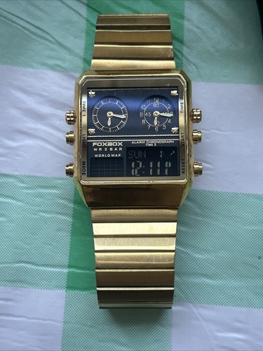 FoxBox Gold Tone Tri-Time Mens Watch - Picture 6 of 9