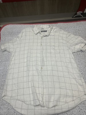 Nautica Mens Shirt XL Blue Check Short Sleeve 55% Linen Button down