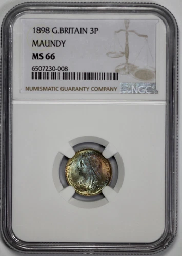1898 Great Britain Maundy 3p NGC MS 66 Watercolor Toned Threepence