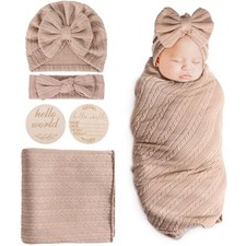 BQUBO Baby 1 Set: Birth Announcement Card  Hat  Hairband  Blanket Taupe 