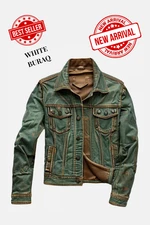 Green Trucker Leather Jacket Real Lambskin For Men Vintage Style Leather Jacket