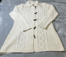 L.L. Bean Long Cable-Knit Toggle Cardigan Cream Wool Blend Women L READ New Con