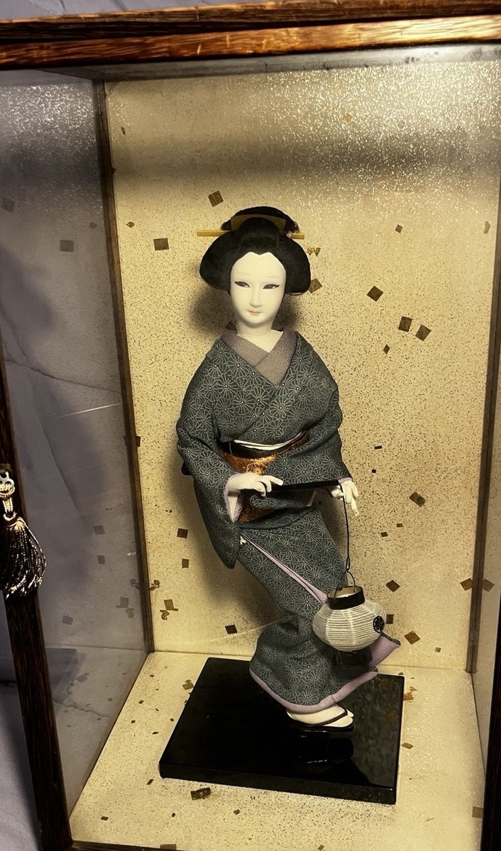 Vintage Japanese Doll with Glass Case Old Collectible Nihon Ningyo Nishi  Geisha