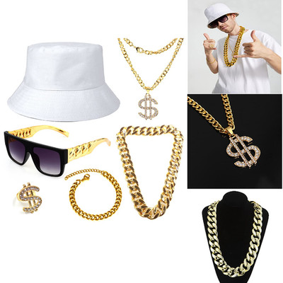 Hip Hop Kostüm Zubehör Set 6 Stück Bucket Hut Sonnenbrille Goldkette Armband