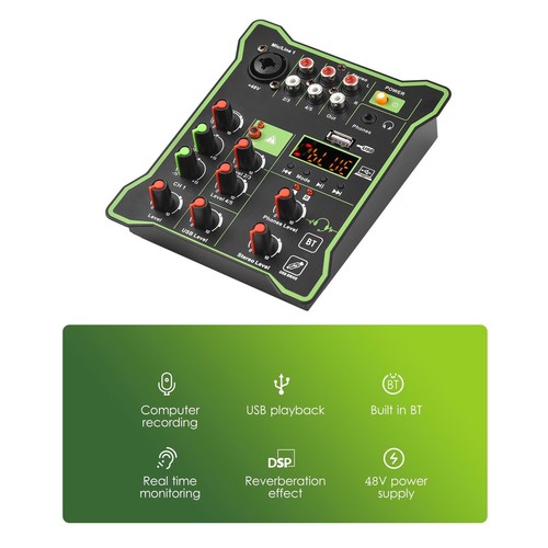 5 Channel Audio Mixer USB Interface 48V Phantom Power Reverb Bluetooth for DJ - Picture 4 of 10