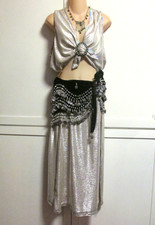 Belly Dance 4 Pc Costume- Silver Sequin Skirt  Vest with Black Coin Hip Wrap 