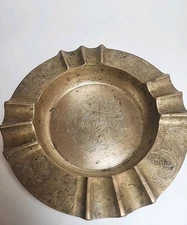 Vintage Brass Cigar Ashtray 7 Inch Hand Engraved Floral Mid Century Decor