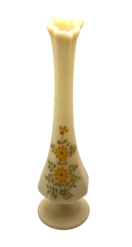Vintage Hand Painted Fenton Satin Custard Glass Swung Bud Vase Floral Signed 11”