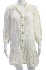 Queen Moda Womens Shirt Dress Ivory Linen Collared 3/4 Sleeve Button Size S
