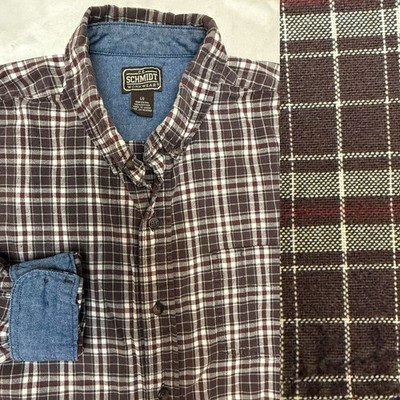 C.E. Schmidt Workwear Cotton Men Size L Brown Tan Plaid Button Work Pocket Shirt