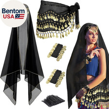 4Pcs Belly Dancer Outfit Sets, Chiffon Head Scarf,Belly Dance Hip Scarf, 2 Coin