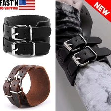 Men Women Adjustable Genuine Leather Bracelet Punk Wide Belt Wrap Cuff Wristband