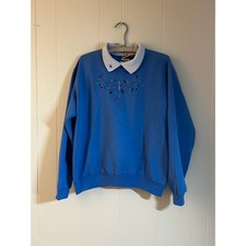 Vtg 90s Top Stitch Morning Sun Sweatshirt Womens XL Blue Collared Embroidery Gem