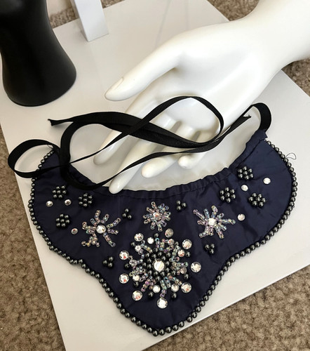 DETACHABLE IRISH DANCE COLLAR • RHINESTONE & BEADED FLORAL STARBURST NAVY/BLACK
