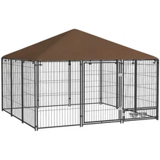 Outdoor Dog House Kennel with Canopy Top & Secure Lock Rotating Bowl Holder