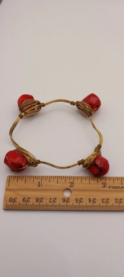 Handmade Brass Bracelet W/ Round Red Coral 8.5in - Image 4 of 4
