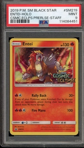 Pokemon Entei Cosmic Eclipse STAFF Prerelease Holo Promo SM219 PSA 9 Mint