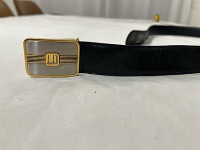 Vintage Alfred Dunhill Black Leather Belt - Gold-Tone Logo Buckle - Sz US 36