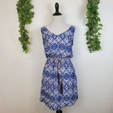 Mango Casual Blue White Ikat Boho Waist Tie Dress Size Small Resort Travel Beach