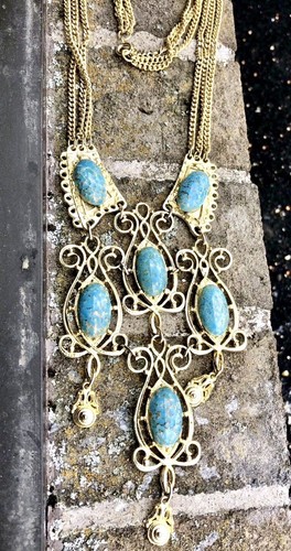 Vintage Bold Turquoise Glass? Cab Chatelaine Waterfall Runway Statement Necklace - Picture 6 of 8
