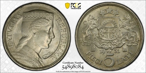 LATVIA 5 Lati 1931, NGC MS 63 Choice UNC Uncirculated Original Luster. R9