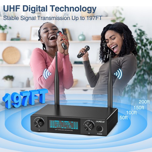 JAMELO Wireless UHF Microphone System 2 Channel Mic LCD Display 200FT Range - Picture 2 of 8