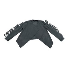 Karen Kane Fringe Jacket Women Size Large Gray Faux Suede Boho Cardigan USA Made