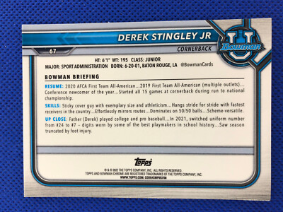 2022 #67 Derek Stingley Jr Bowman University 1st Chrome Pink