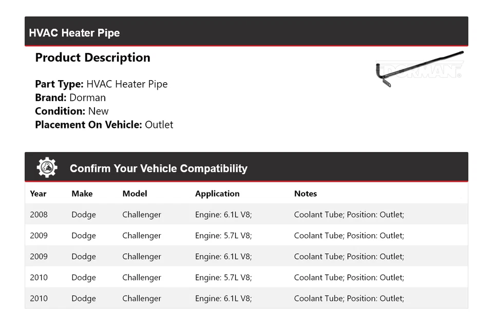 Para Dodge Challenger Dorman 2008-2010 HVAC tubo de calefacción salida 2009 Foto 2 de 4