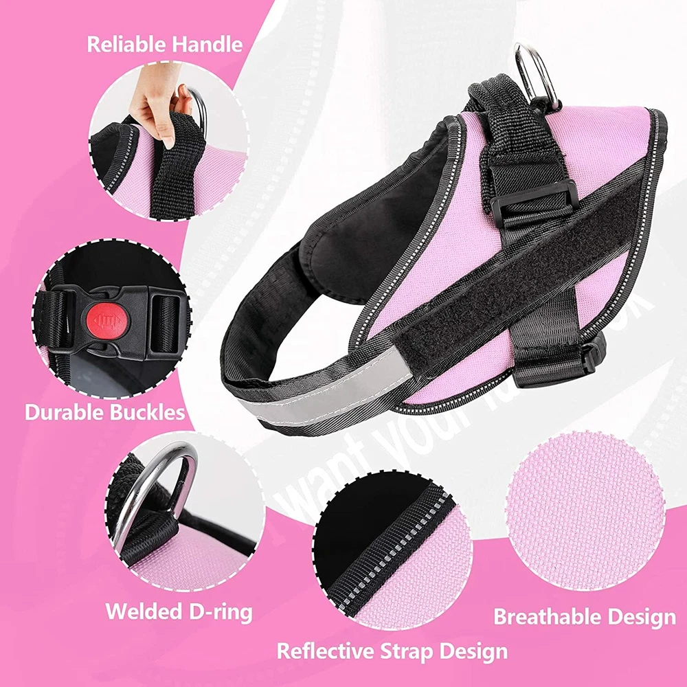 Dog Harness No-Pull Reflective Vest Adjustable Pet Handle for Leash Large Pink
