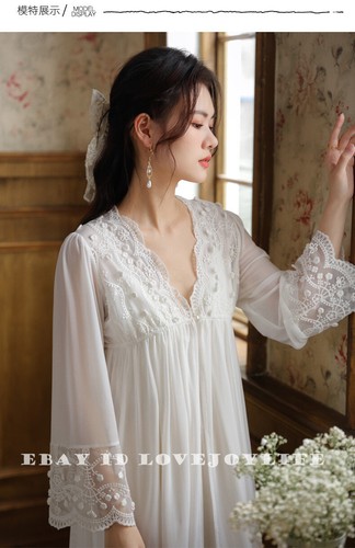 2-teiliges Damen Baumwolle Nachthemd Morgenmantel Set Sexy Kleid Lang Negligee Lounge Nachthemd - Bild 19 von 35