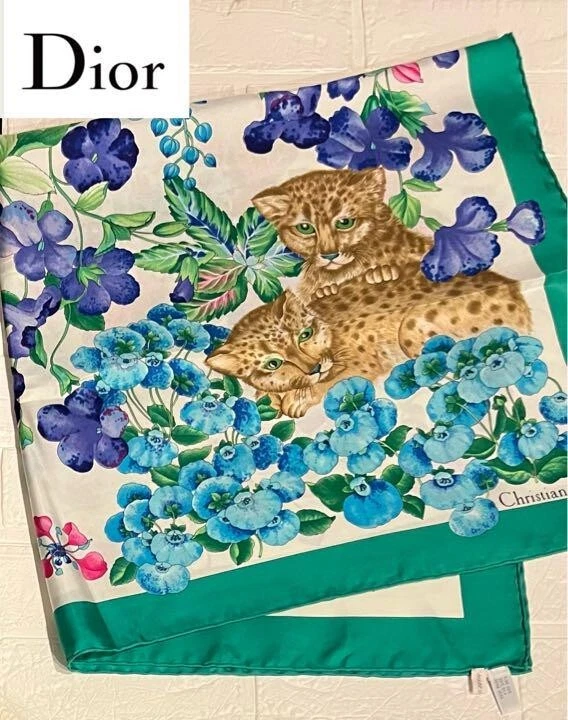 Foulard DIOR léopard fleuri soie vert bleu grand carré 86x88cm vintage 202502M
