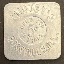 Whitey's Rossville, IL (Billiards) Alum. G/F 5¢ In Trade Token 24mm Scarce