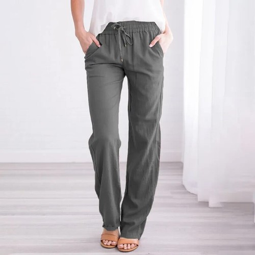 Women Cotton Linen Trousers Ladies Summer Casual Elastic Waist Bottoms Pants UK - Picture 12 of 13