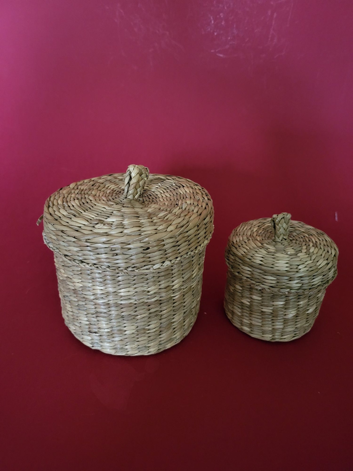 Vintage Handwoven Sweetgrass Coiled Straw Baskets with Lids Set of 2
